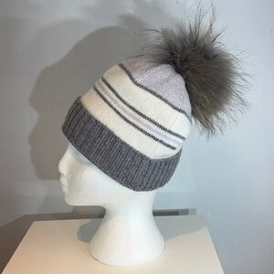 Chaos striped knit beanie genuine fur pom pom fleece lined NWOT